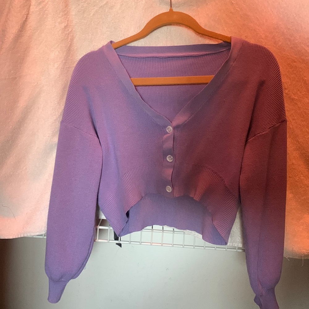 cropped purple sweater.